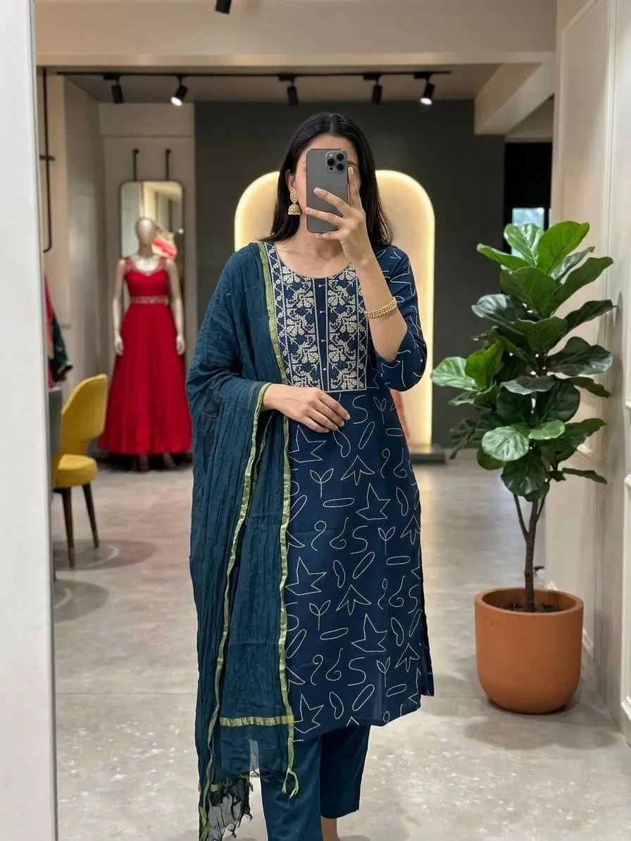 Navy Blue Printed Straight Salwar Set